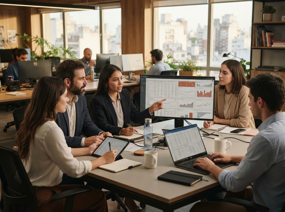 Vívido Medravanza equipo revisando reportes de análisis financiero